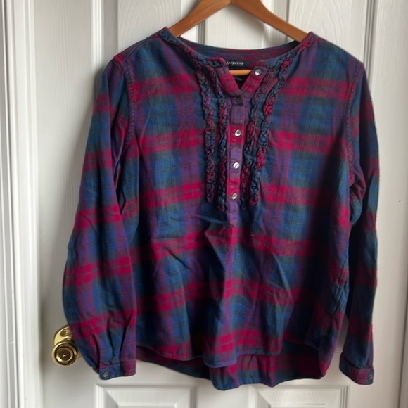 Lands End Flannel Blouse size petite large purple, green, magenta buttons down - Picture 1 of 6